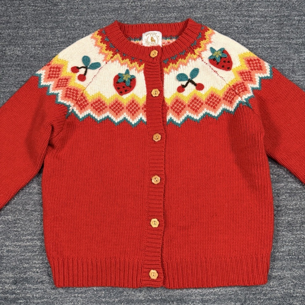 Ancient Forest Sweater Women L Red Strawberry Cherry Knit Cardigan Twee Fruit